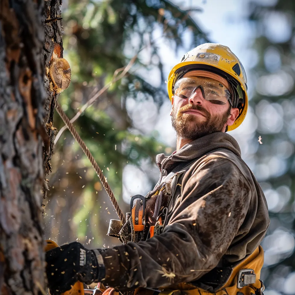 Arborist in a yellow helmet and safety glasses working with a saw