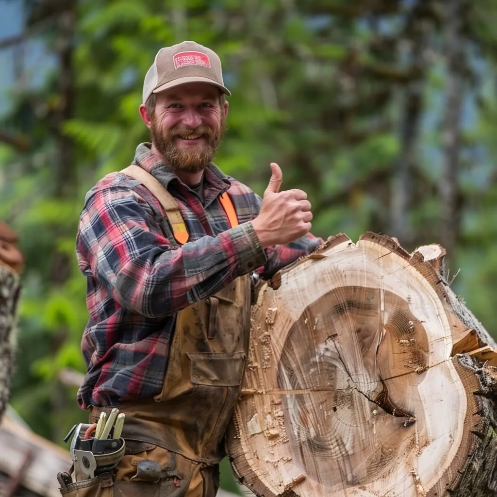 Smiling tree worker in a plaid shirt giving a thumbs-up beside a large cut log