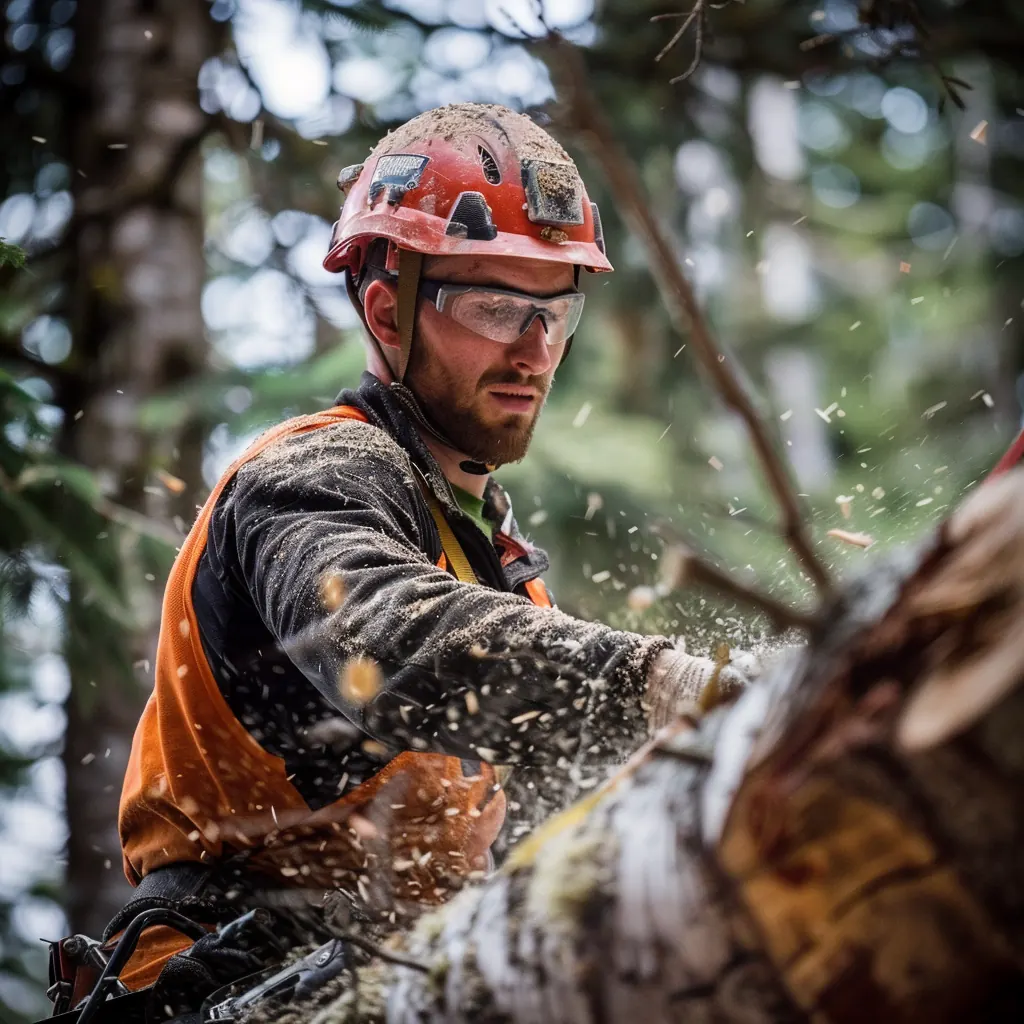 Arborist in an orange helmet and safety glasses cutting a large limb