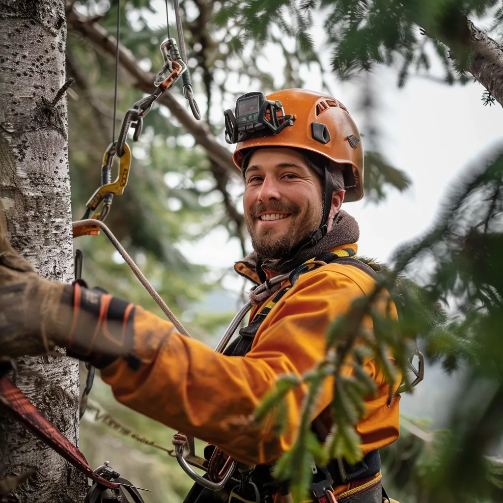 Smiling climber in a harness and orange jacket working up in a tree
